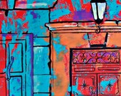 Original painting art of red door in San Miguel Mexico Colonial town architecture wall decor for restaurant acrylic on paper  19.5"x 25.5"