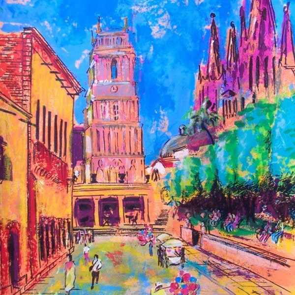 Original art main plaza San Miguel street Mexican town art home decor with colorful Colonial architecture