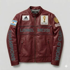 May include: A burgundy leather jacket with the name "LIONEL MESSI" across the chest. The jacket features patches including the Adidas logo, a World Cup trophy, and the Argentinian flag. The sleeves read "CHAMPIONS" and "WORLD CUP".