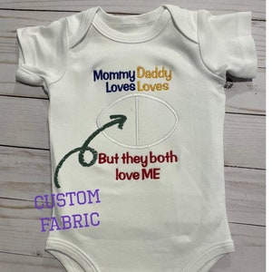 May include: White baby onesie with the text "Mommy Loves Daddy Loves" in blue and yellow. A green arrow points to a circle with the text "But they both love ME" in red.