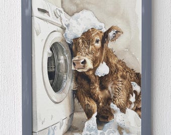 Cow Wall Art, Farm Animal Print | Rustic Farmhouse Decor, Cow Bathroom Art, Laundry Room Decor, Bathroom Decor