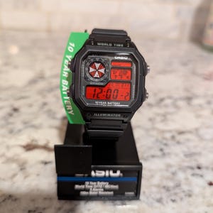 Resident Evil Umbrella Inspired Blood Red Mod | Casio AE1200 Custom Watch | Horror Survival Theme World time watch| Video Game | Gamer Mods