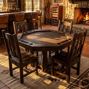 May include: An octagonal dark wood game table with a central playing surface and integrated cup holders, surrounded by four matching wooden chairs with carved backrests, positioned in a room with stone walls and a fireplace.
