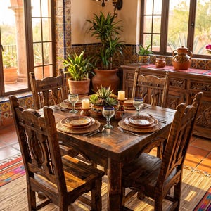 Nuevo Leon Dining Set Old Fashion, Reclaimed Wood Table and Chairs, Western Carvings Iron Rods, Mexican Hacienda, 5 Sizes