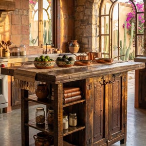 Guerrero Kitchen Island Old Fashion Collection, Rustic Handmade Mexico, Hacienda Farmhouse, Barstool Set Included, Custom Size, Regular