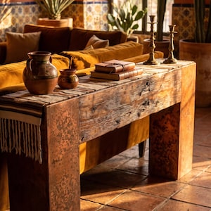 May include: A rectangular console table featuring a weathered wooden top and two oxidized copper legs. The table is adorned with a striped runner, two clay pots, two stacked leather-bound books, and two brass candlesticks arranged in a row.