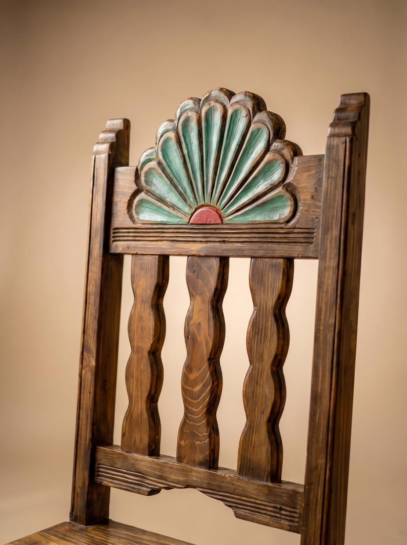 Campeche Chair, Hand Carved Campeche Chair, Solid Pine Wood, Floral Fan Back, Hacienda Style Seat image 3