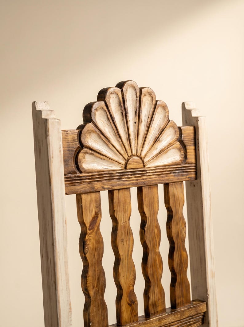 Campeche Chair, Hand Carved Campeche Chair, Solid Pine Wood, Floral Fan Back, Hacienda Style Seat image 8