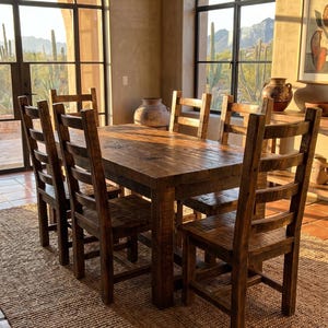 May include: A rectangular dark brown wooden dining table with a thick top and four sturdy legs, accompanied by six matching ladder-back chairs. The furniture set is arranged on a textured woven rug, showcasing a natural wood grain finish throughout.