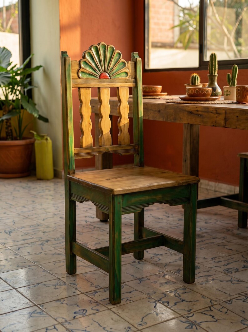 Campeche Chair, Hand Carved Campeche Chair, Solid Pine Wood, Floral Fan Back, Hacienda Style Seat image 10