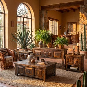 May include: A rustic living room set featuring a dark wood coffee table, end tables, and a long console table. The room includes a leather chair, potted plants, and decorative vases. The decor has a warm, inviting feel with natural light streaming through arched windows.