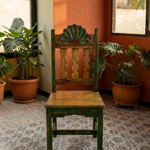 Campeche Chair, Hand Carved Campeche Chair, Solid Pine Wood, Floral Fan Back, Hacienda Style Seat Green Light Brown