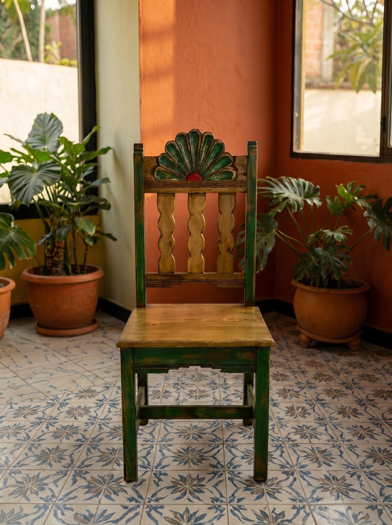 Campeche Chair, Hand Carved Campeche Chair, Solid Pine Wood, Floral Fan Back, Hacienda Style Seat Green Light Brown