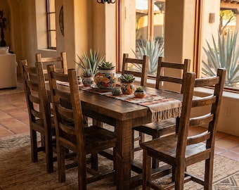 Chihuahua Dining Table Set, Reclaimed Wood Table and Durango Chairs, Old Fashion Collection, Mexican Hacienda, Rustic Farmhouse
