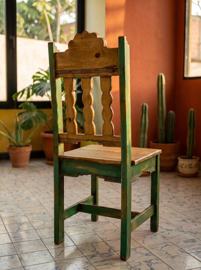 Campeche Chair, Hand Carved Campeche Chair, Solid Pine Wood, Floral Fan Back, Hacienda Style Seat image 12
