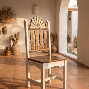 Campeche Chair, Hand Carved Campeche Chair, Solid Pine Wood, Floral Fan Back, Hacienda Style Seat White