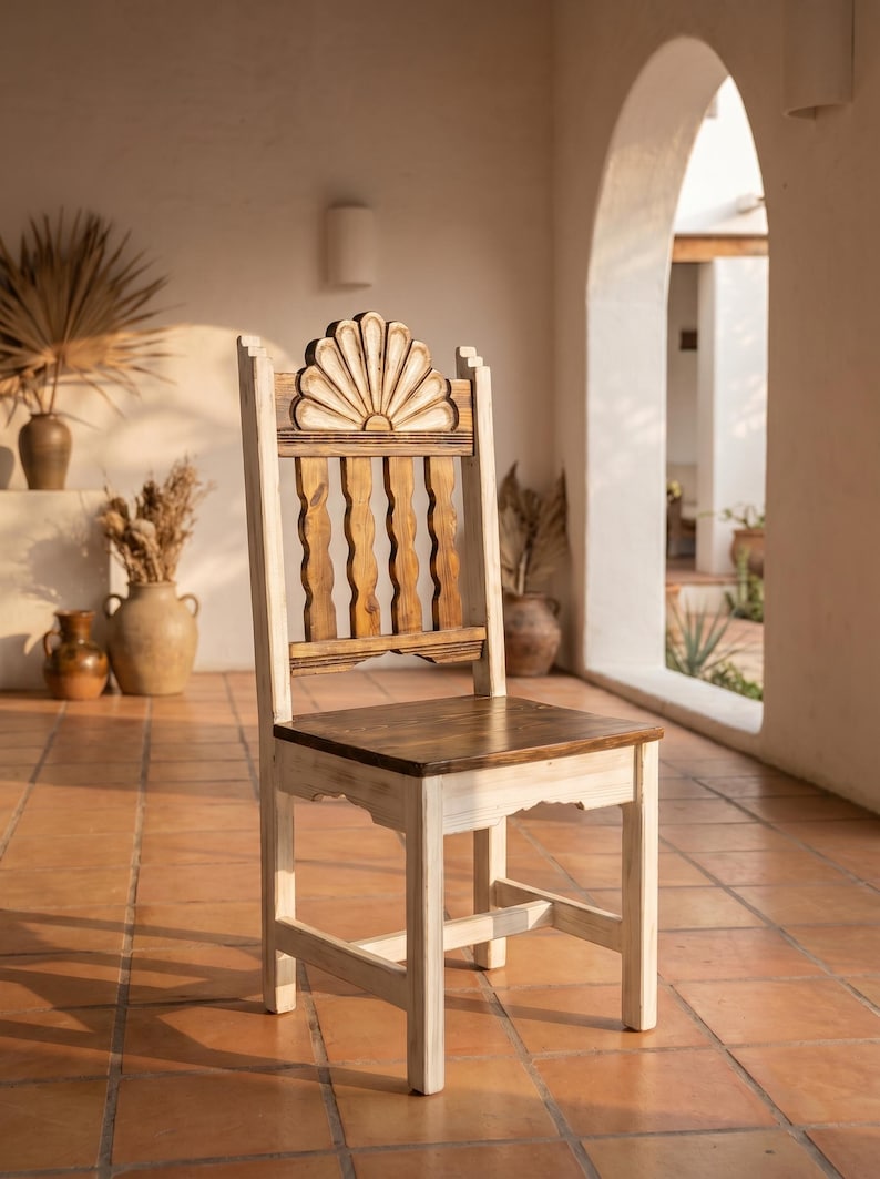 Campeche Chair, Hand Carved Campeche Chair, Solid Pine Wood, Floral Fan Back, Hacienda Style Seat White