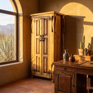 May include: A rustic wooden armoire with two doors, metal hardware, and vertical paneling. The armoire is in a room with a wooden desk, vases, and a window overlooking a desert landscape. The room has terracotta tile flooring.