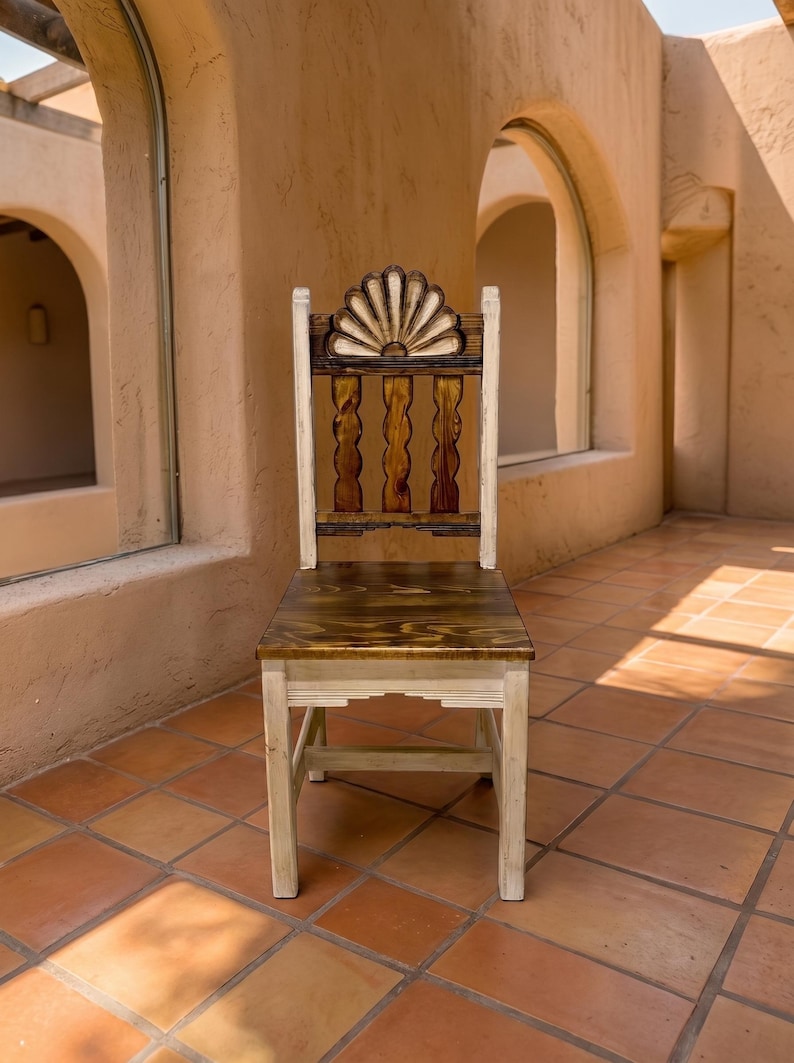 Campeche Chair, Hand Carved Campeche Chair, Solid Pine Wood, Floral Fan Back, Hacienda Style Seat image 7