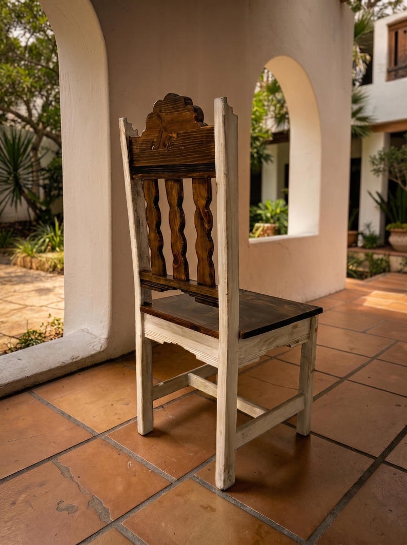 Campeche Chair, Hand Carved Campeche Chair, Solid Pine Wood, Floral Fan Back, Hacienda Style Seat image 9