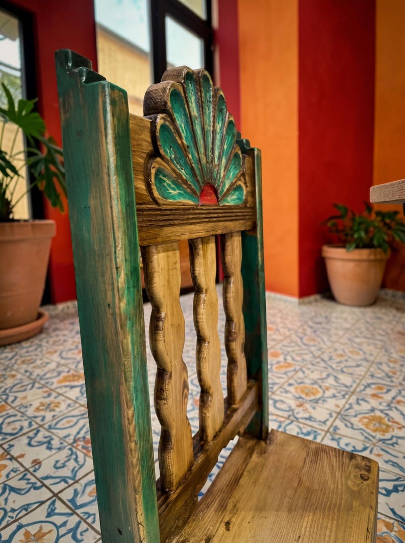 Campeche Chair, Hand Carved Campeche Chair, Solid Pine Wood, Floral Fan Back, Hacienda Style Seat image 11