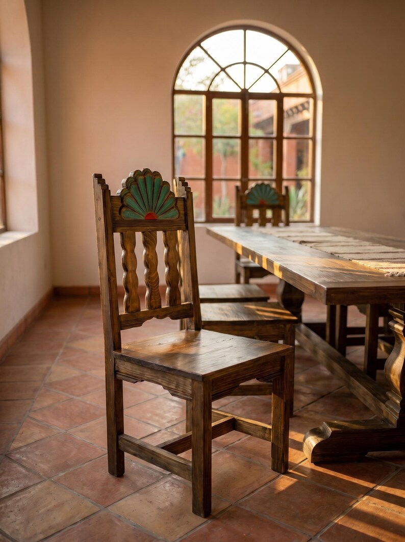 Campeche Chair, Hand Carved Campeche Chair, Solid Pine Wood, Floral Fan Back, Hacienda Style Seat image 4