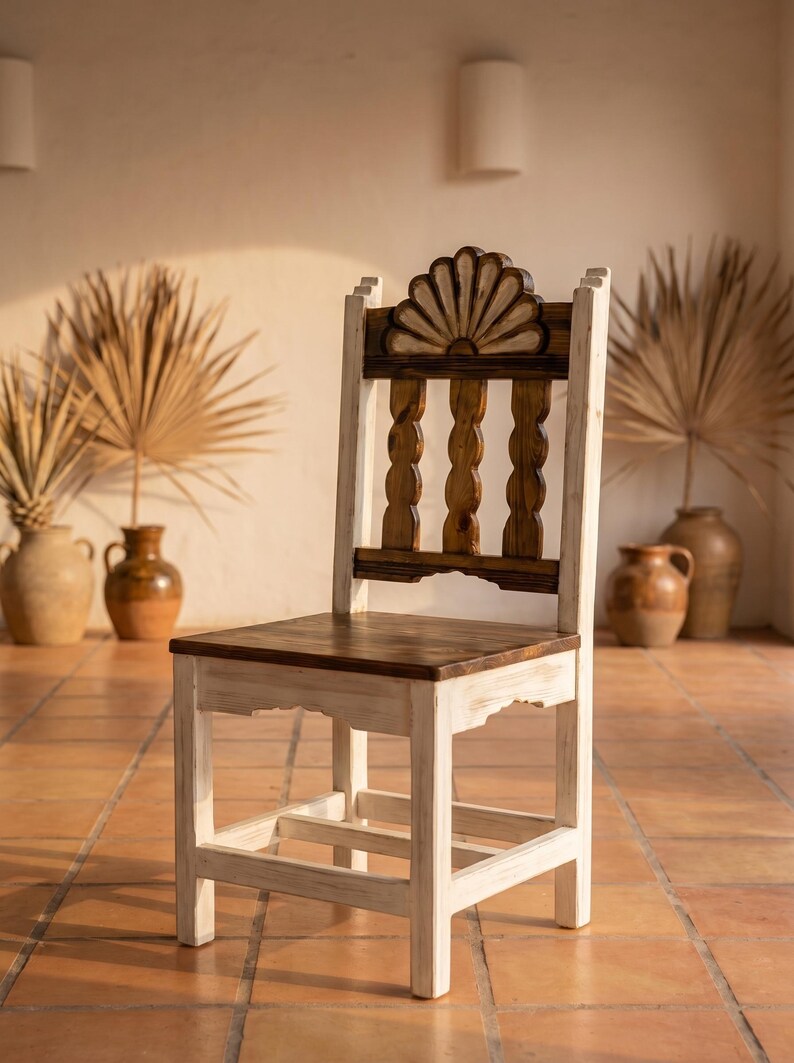 Campeche Chair, Hand Carved Campeche Chair, Solid Pine Wood, Floral Fan Back, Hacienda Style Seat image 6