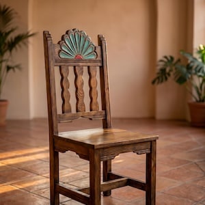 Campeche Chair, Hand Carved Campeche Chair, Solid Pine Wood, Floral Fan Back, Hacienda Style Seat image 1