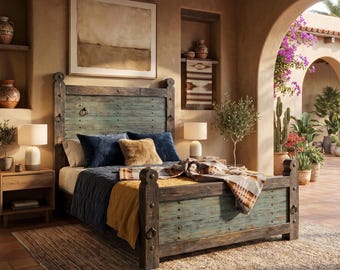 Reclaimed Wood Bed Frame, Hand-Carved Agave Headboard, Mexican Hacienda Style Bed