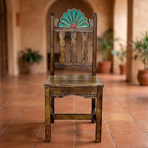Campeche Chair, Hand Carved Campeche Chair, Solid Pine Wood, Floral Fan Back, Hacienda Style Seat Green Medium Brown