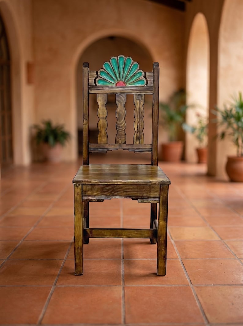 Campeche Chair, Hand Carved Campeche Chair, Solid Pine Wood, Floral Fan Back, Hacienda Style Seat Green Medium Brown