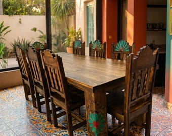 Campeche Dining Table Set, Mexican Hacienda Farmhouse Chairs, Boho Home Decor, Solid Pine