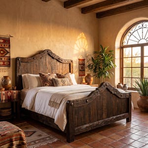 Rochivo Bed Old Fashion Collection Arch Top Carved Reclaimed Wood Metal Clavos Mexican Hacienda Rustic Queen King California King Bedroom