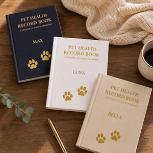 May include: Three pet health record books in navy, white, and beige. Each book has the text "PET HEALTH RECORD BOOK A LIFETIME OF CARE & MEMORIES" and a pet's name. Gold paw prints are also featured on the covers.