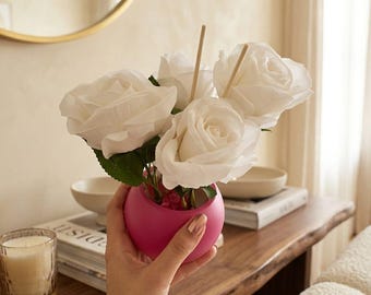 Rose Reed Diffuser Set, Fuchsia Stone Vase, White Silk Roses, Home Fragrance