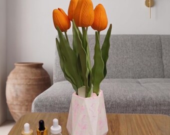 Jarrón geométrico de mármol vertido a mano, decoración primaveral de tulipanes naranjas, juego de difusor de aromas de piedra