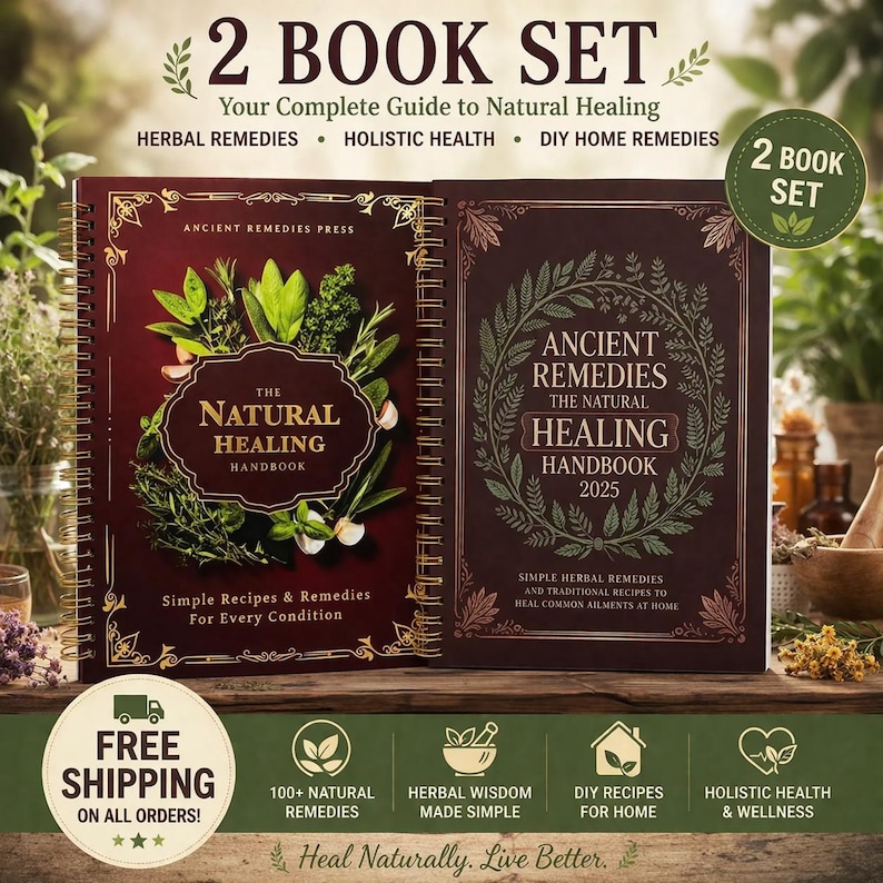 Może przedstawiać: Zestaw dw&oacute;ch książek, "The Natural Healing Handbook" i "Ancient Remedies The Natural Healing Handbook 2025." Książki mają spiralne oprawy i bordowe okładki z ilustracjami zi&oacute;ł. Zestaw oferuje przewodnik po naturalnym leczeniu, ziołolecznictwie i zdrowiu holistycznym.