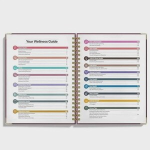 Może przedstawiać: Otwarta książka z przewodnikiem po zdrowiu z bordową okładką i złotą spiralą. Lewa strona zawiera spis treści zatytułowany "Your Wellness Guide" z r&oacute;żnymi tematami zdrowotnymi. Prawa strona kontynuuje spis treści.