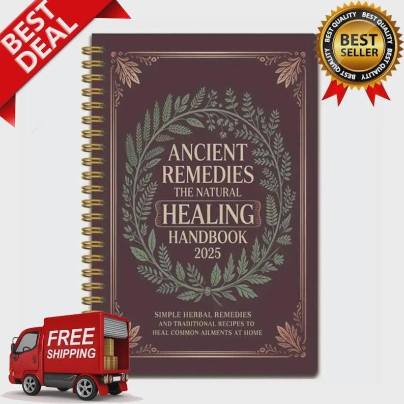 Może przedstawiać: Spiralnie oprawiony podręcznik zatytułowany "Ancient Remedies The Natural Healing Handbook 2025". Okładka w kolorze bordowym ze złotymi akcentami i botanicznym wzorem wieńca. Obiecuje proste ziołowe środki i tradycyjne przepisy.