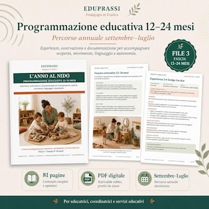 Può includere: Un documento di programma educativo digitale intitolato L'ANNO AL NIDO per bambini dai 12 ai 24 mesi. Include 81 pagine di curriculum strutturato da settembre a luglio, con testi istruttivi, fotografie di bambini e guide alle attività.