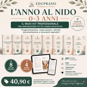 Può includere: Un kit educativo professionale intitolato L'ANNO AL NIDO 0-3 ANNI, composto da otto volumi numerati, un tablet e uno smartphone che mostrano contenuti digitali. Il set include risorse per la programmazione, l'osservazione e le attività.