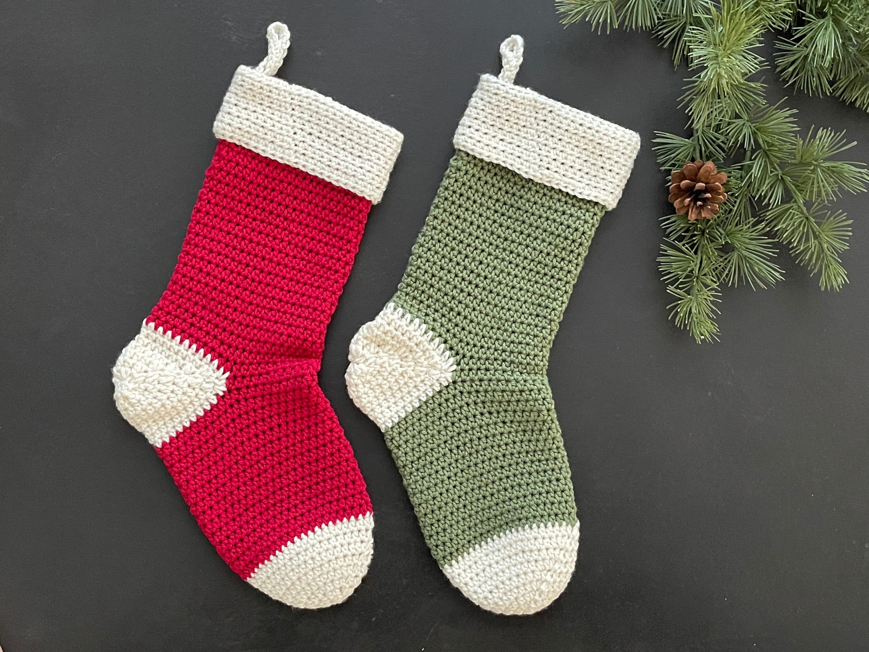 Owlgift Crocheted Christmas Stockings 18 inch, Heavy Yarn Stocking, Knit Xmas Socks Decoration, Set of 2, White & Red