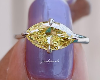Anello di fidanzamento a fascia aperta con diamante sintetico taglio marquise giallo intenso, purezza VS 2, certificato IGI, in argento sterling 925.
