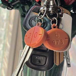 May include: A collection of keys and keychains. Two orange keychains with the numbers "20" and "973" are attached to keys and a car remote. The keys are on a silver keyring. The background is blurred.