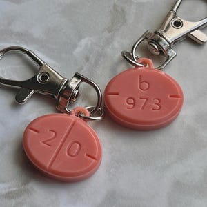 May include: Two pink pill-shaped keychains with silver-colored clasps. One keychain has the number "20" and the other has "973" and the letter "b" imprinted on it. The keychains are on a light-colored surface.