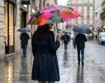 Paraguas con estampado floral vibrante / Paraguas plegable con estampado de amapolas coloridas