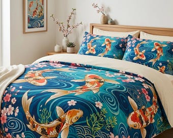 Koi Fish Cherry Blossom Duvet Cover | Blue Japanese Wave Bedding