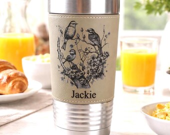Best Friend Gift Cherry Blossom Tumbler, Personalized Bird Travel Mug, Engraved Leatherette Coffee Cup, Floral Birthday Gift for Her