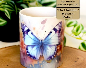 Blue Butterfly Ceramic Coffee Mugs are Dishwasher and Microwave Safe, Blue Butterfly Design on Pastel Flower Garden, Choose 11 or 15 oz Mug