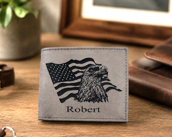 Men's Leather Bifold/Trifold Patriotic Wallet. Perfect Patriotic gift. Eagle with American Flag waving behind it Engraved on Wallet Front